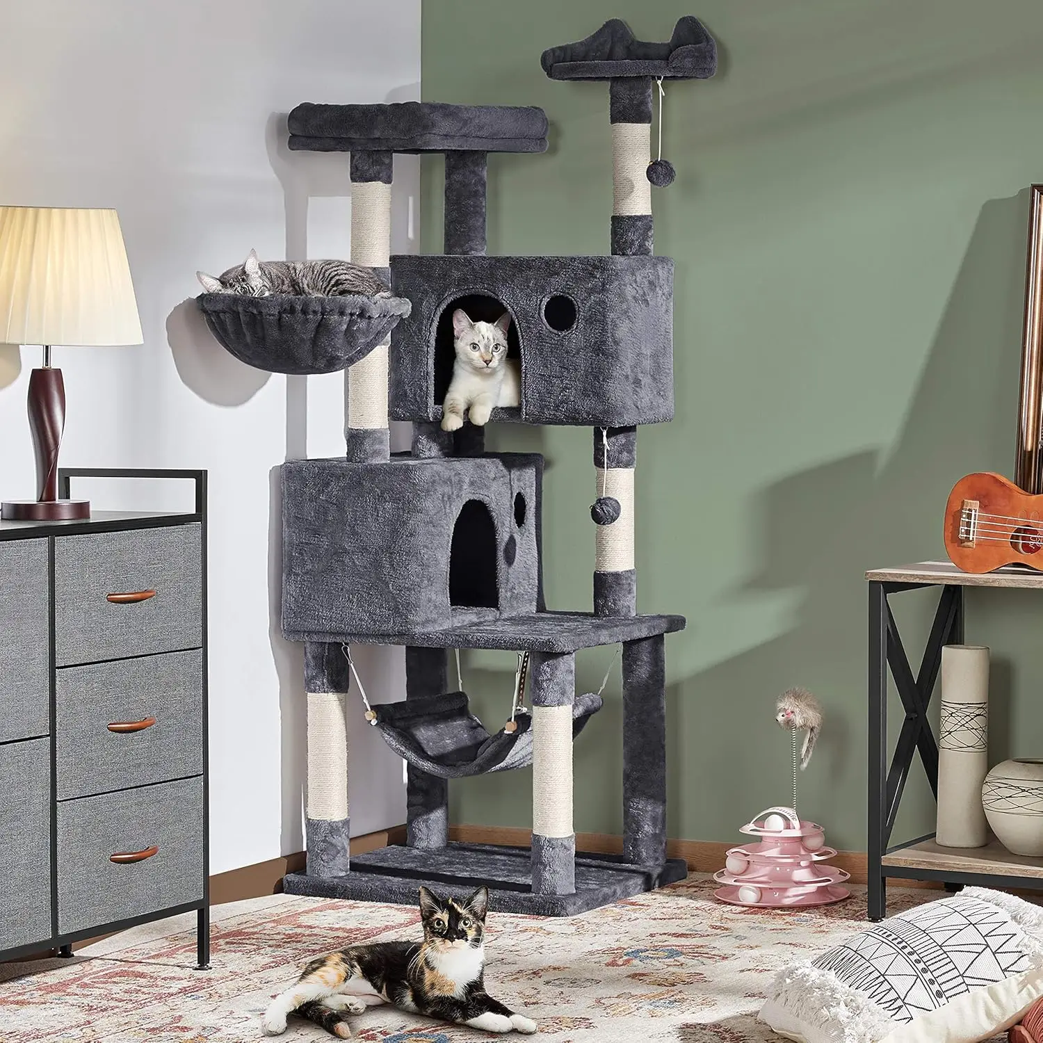 Yaheetech 64.5in Extra Large Multi-Level Cat Tree Kittens Play House Condo with Platform, Perch Hammock & Scratching Posts,