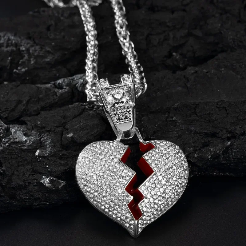 Men Hip Hop Chain Iced Out Bling Bling Heart Broke Pendant Necklace 5mm Miami Cuban Chain HipHop Necklaces Fashion Charm Jewelry