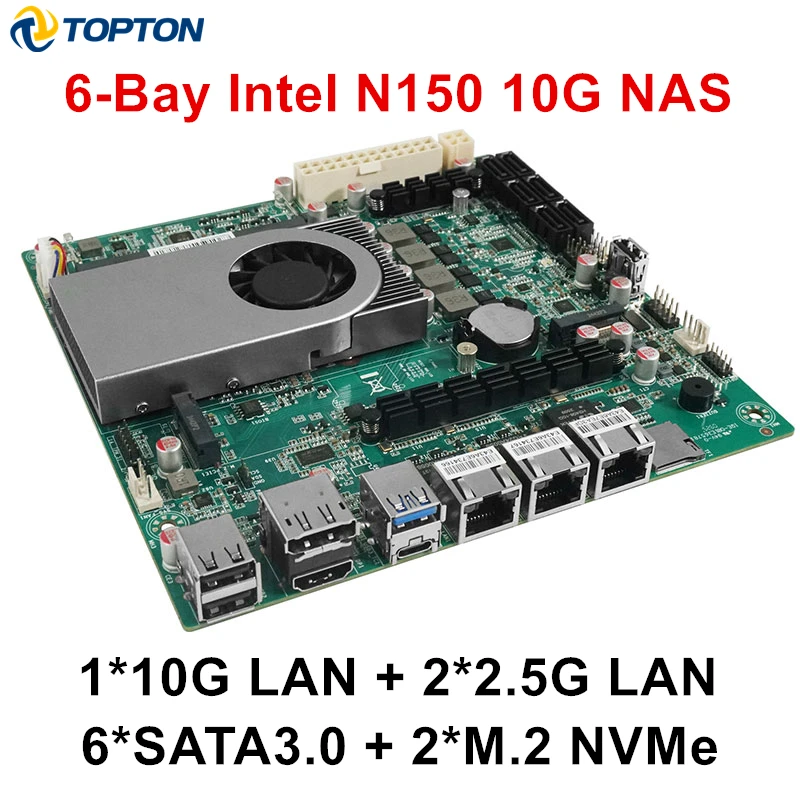 Topton 6-Bay NAS Motherboard Intel N150 6*SATA3.0 2*M.2 NVMe 2*2.5G LANs Nics 1*PCIE X1 1*DDR5 Low Power Firewall ITX Mainboard