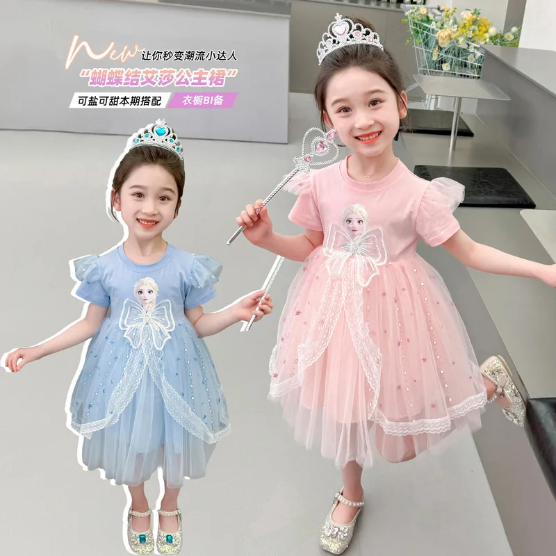 ديزني طفلة الصيف قصيرة الأكمام القوس إلسا الأميرة تي شيرت فستان الأطفال شبكة منتفخ فستان المجمدة