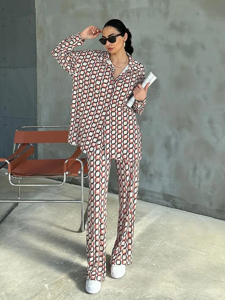 HiLoc Causal Printing Two Pieces Pajamas Suits Long Sleeves Blouses And Wide Leg Pants Homewear Outfits Autumn 2024 Female Sets