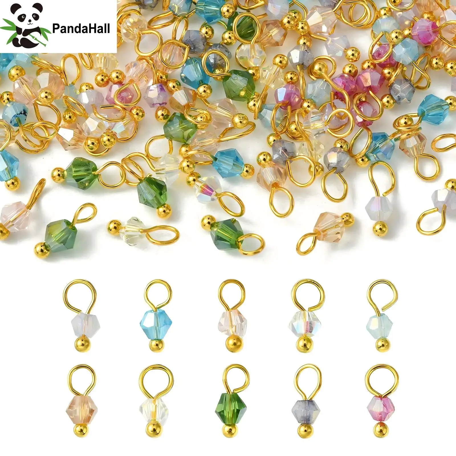 Pandahall 100Pcs Random Color Transparent Faceted Glass Charms Bicone Crystal Dangle Charms for DIY Necklace Bracelet Making