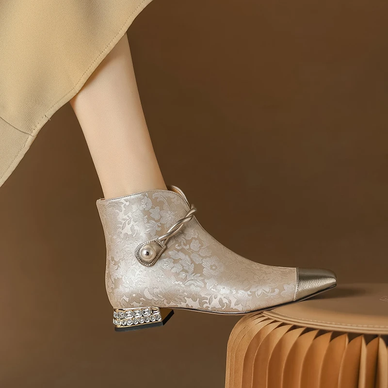 

Women's new leather cowhide pearl belt buckle color blocked rhinestone low heel square toe Chelsea short boots fashion boots