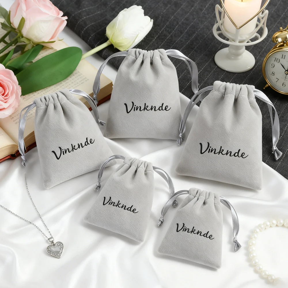 

Personalized Logo Jewelry Packaging Gift Bags Grey Flannel Pouch Velvet Ribbon Drawstring Small Earrings Cosmetic Organizer Bag