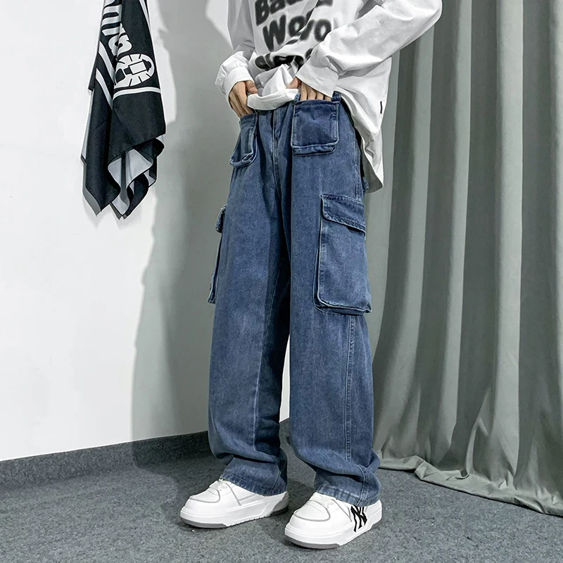 

Retro Autumn Winter Men's Loose Straight Leg Jeans Workwear Denim Pants Multiple kets Trendy Design Casual Wide Leg Trousers
