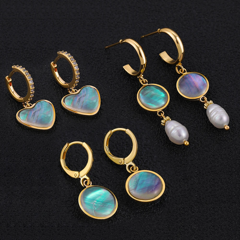 New Retro Sea Abalone Shell Pearl Heart Pendant Drop Earrings for Women Geometrice Round Hoops Ear Buckle Vintage Jewelry Gifts