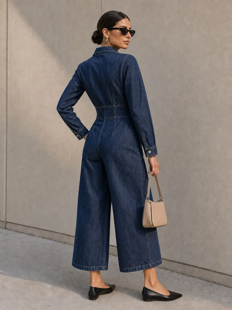 Yeezzi Women's Fashion Denim Front Zipper Wide Leg Jumpsuit 2026 Long Sleeves High Waist Pockets Casual Office Cropped Overalls
