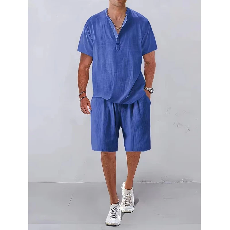 

Fashion Men Sets Mens Solid Color Summer Stand Collar Linen Outfits Short Sleeve Polo Shirt+Shorts Two Pieces Men Casual Suit