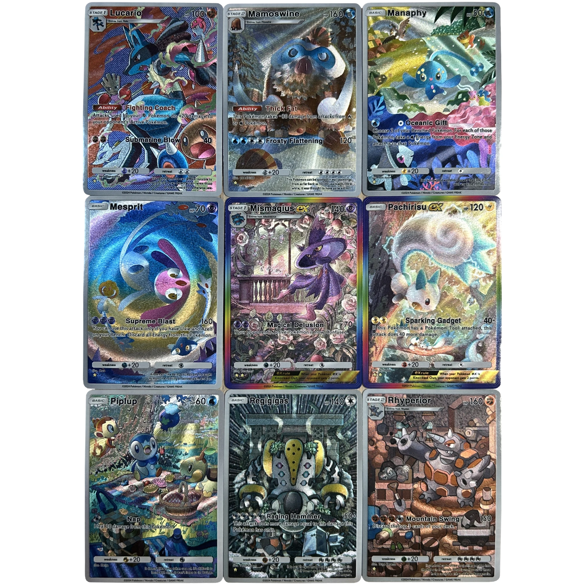

9 шт./компл. флэш-карта с английской текстурой Ptcg Lucario Piplup Rhyperior Regigigas Diy, классическая игра, коллекция аниме, карточная игрушка