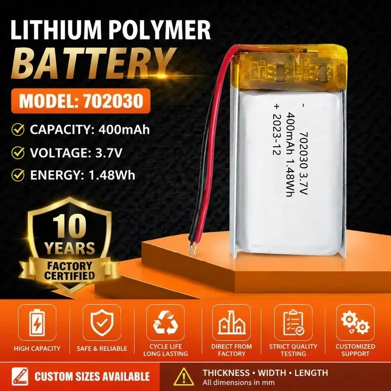[New] 100pcs 702030 Polymer Sprayer Lithium Battery 3.7V 400mAh Anti-Lost Device Beauty Instrument Rechargeable