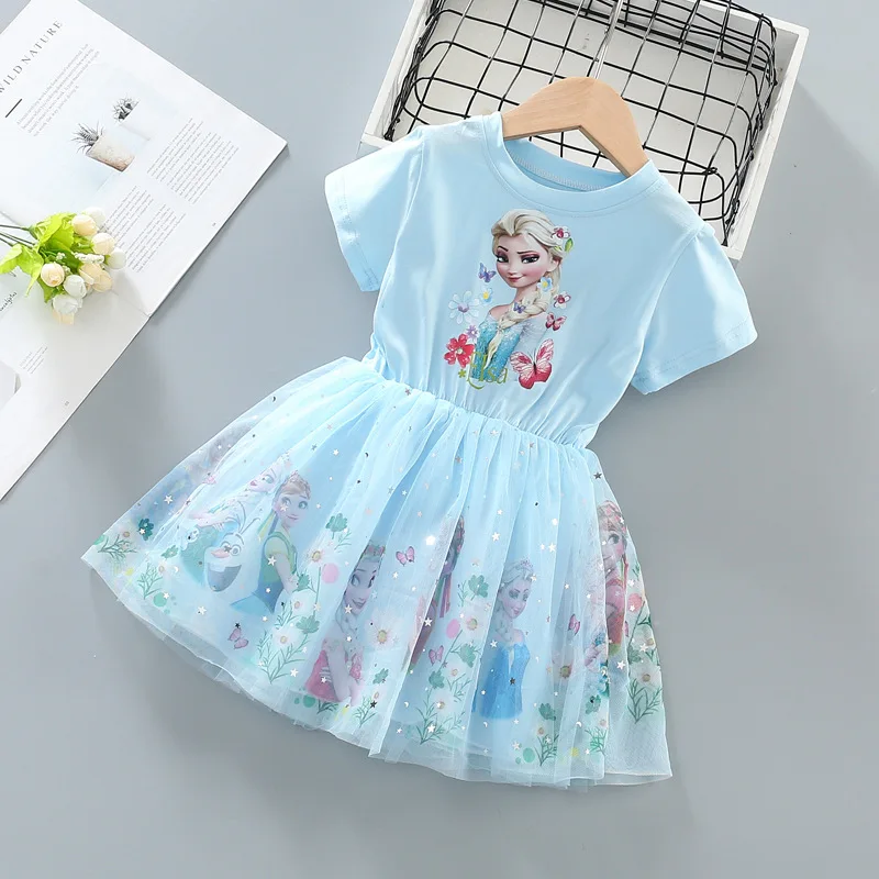 2024 Girls Dress Cartoon Summer Frozen Fashion Children's Elsa Princess Baby Girl Toddler Short Sleeve Cute Party Dresses 3-9Y