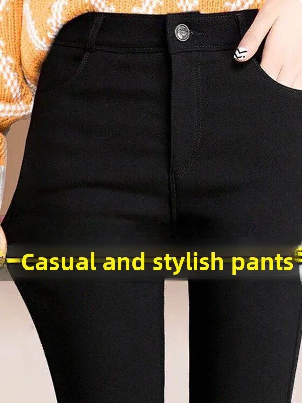 Black High-Waist Stretchy Fleece Lined Slimming Pencil Pants Women's Outerwear Autumn Winter Thin Magic Pants Elastic Waist L...