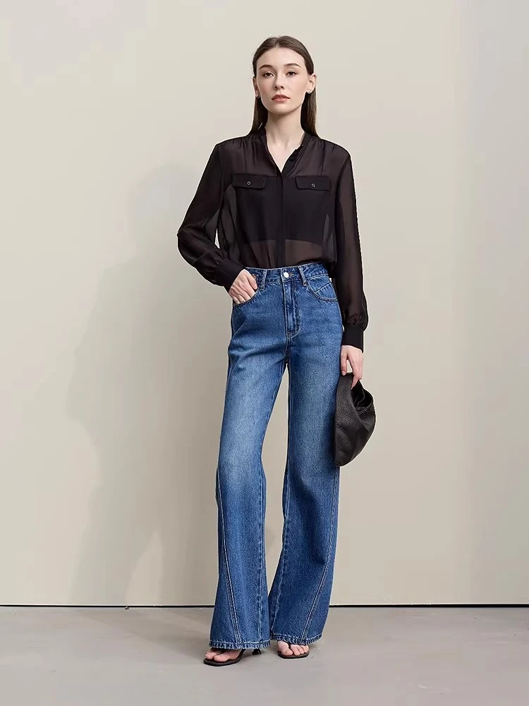 Amii chemise pour femme 2026 printemps nouveau banlieue col montant avec ceinture soie à manches longues haut femmes décontracté chemise noire 12621057