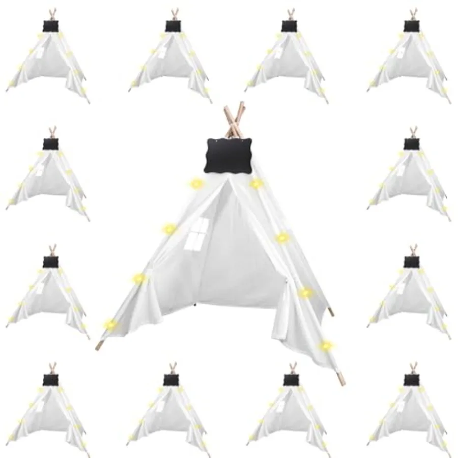 Juego de 12 Uds de tiendas tipi con pizarras pequeñas veteables y luces de cadena de 10 pies, tienda tipi plegable para juegos en interiores y exteriores para niñas