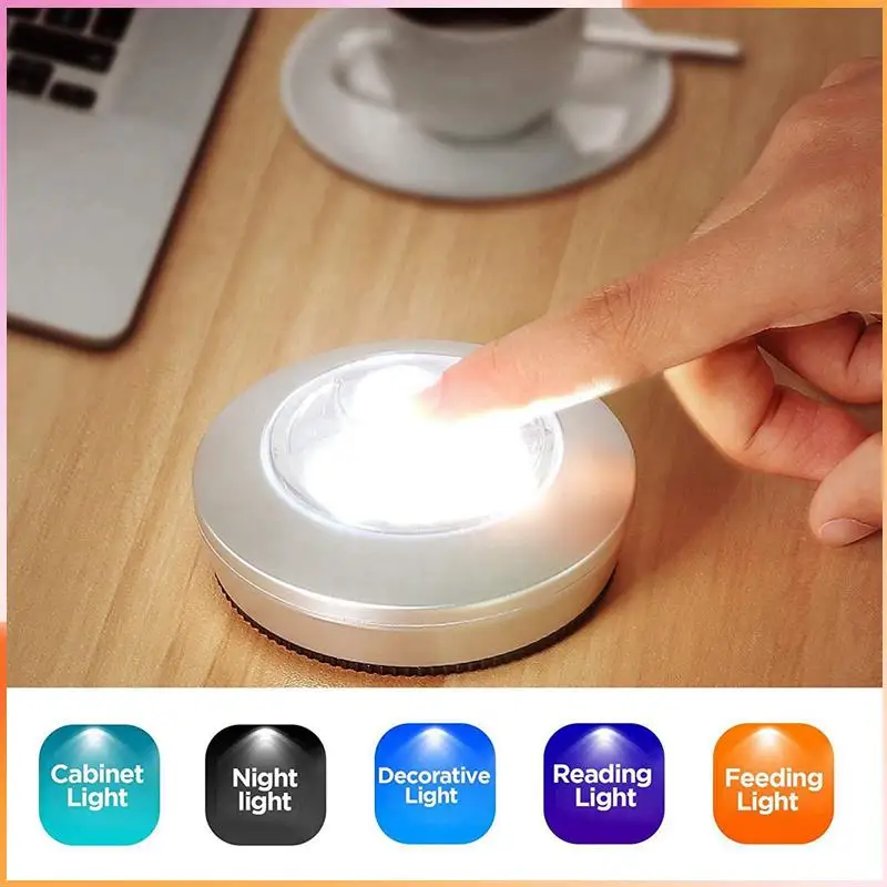 

A93Z 10 Pack LED Battery-Powered Wireless Night Tap Press Lamp Stick-On Push Safe Lights For Hallway Closets Cabinets, Silver