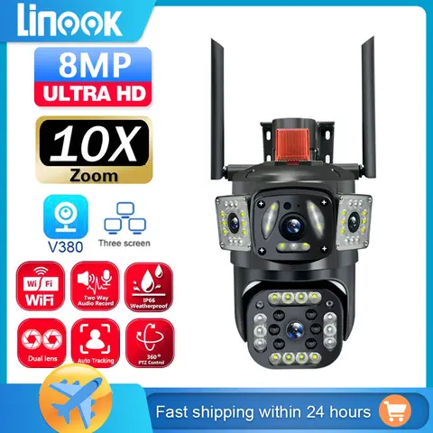 Linook V380 8MP 4K 듀얼 렌즈 무선 CCTV 카메라 PTZ 10X 줌 IP 보안 카메라 4G SIM CCTV 야외 방수 WiFi 카메라
