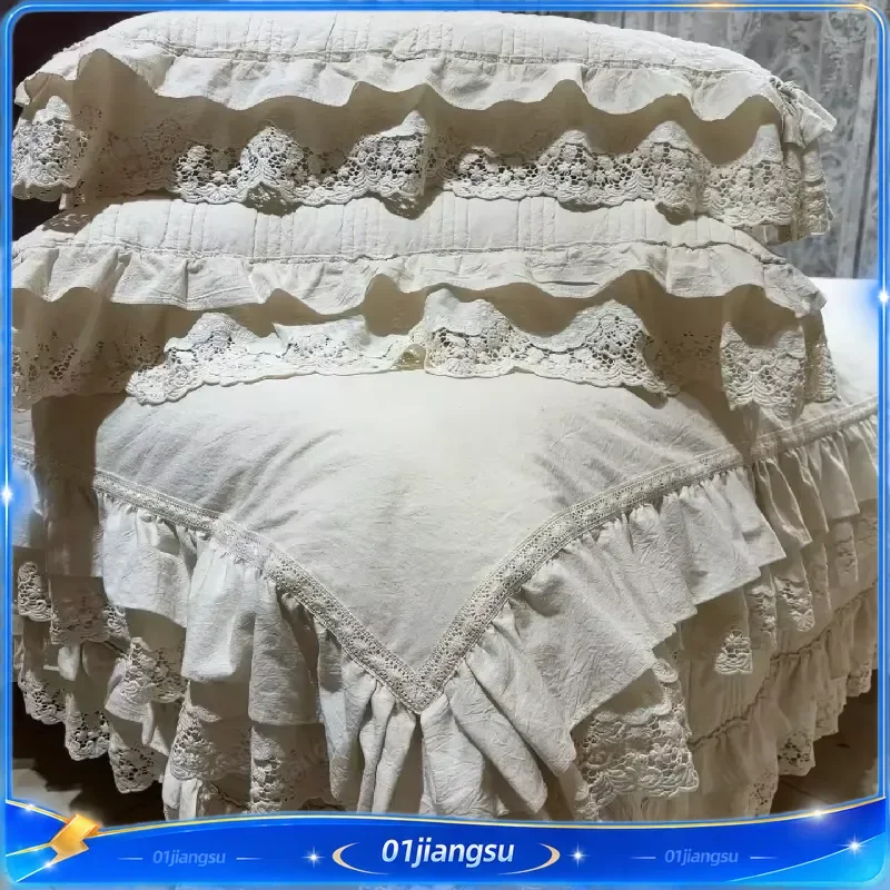 High End Soft Cotton Linen Bedspread Set 3Pcs Solid Color Quilt with Lace All Season Lightweight Bedding Cover for Bedroom