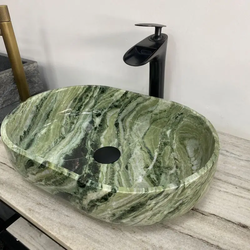 %r New Design Oval Shape Natural Stone Green Marble Wash Basin Sink