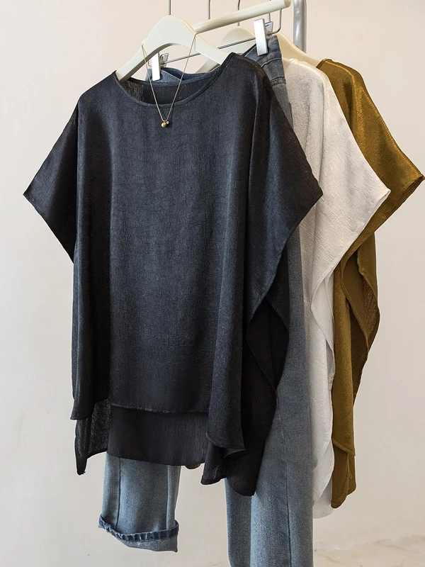 Ele Acetato Raso da donna irt Summer Faion Allentato Casual Texture asimmetrica Batwing Sve Top Pendolarismo Vintage Sle