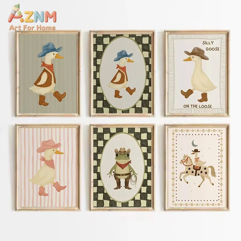 1PC Vintage Cowboy Silly Goose Western Duck Frog Animals Cartoon Poster Canvas Painting Wall Art Home Bedroom Decor