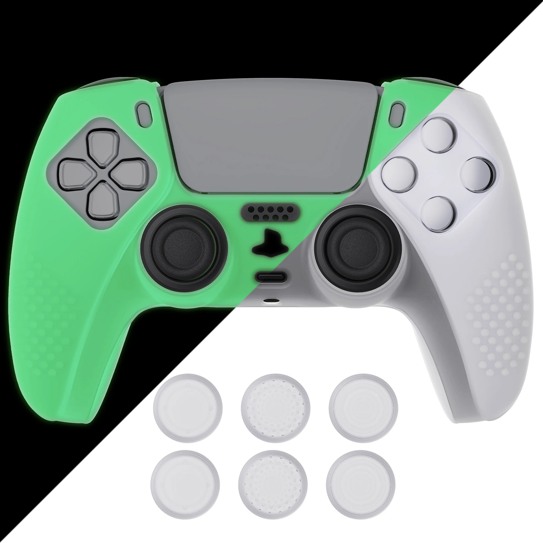 

PlayVital 3D Studded Edition Glow in Dark -Green Anti-Slip Silicone Cover Skin for ps5 Controller Rubber Case with 6 Thumb Grips