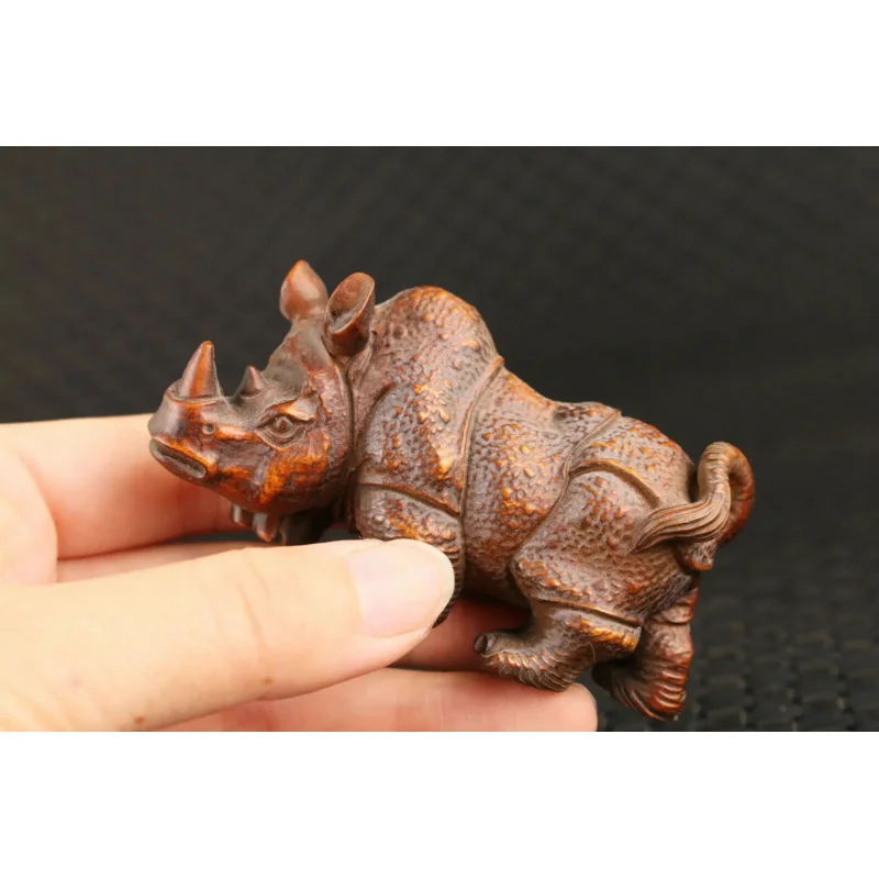 Chinês netsuke buxo chinês handwork rinoceronte estátua chá pet mesa deco