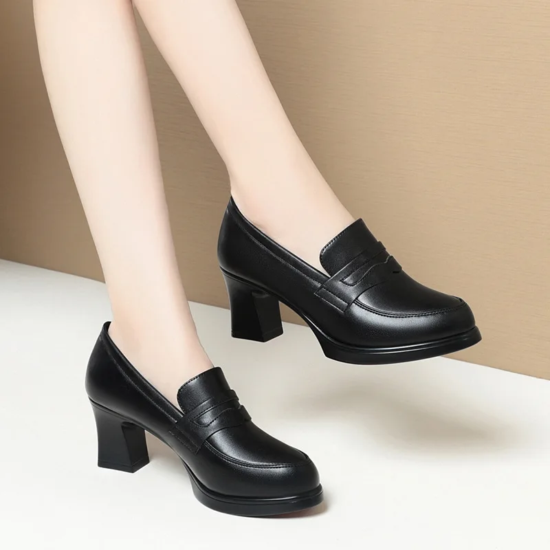 

Fashion Comfortable Black Soft Leather Shoes Deep Mouth Spring 2024 Block Heels Shoes Women for Office Mom Model Versatile