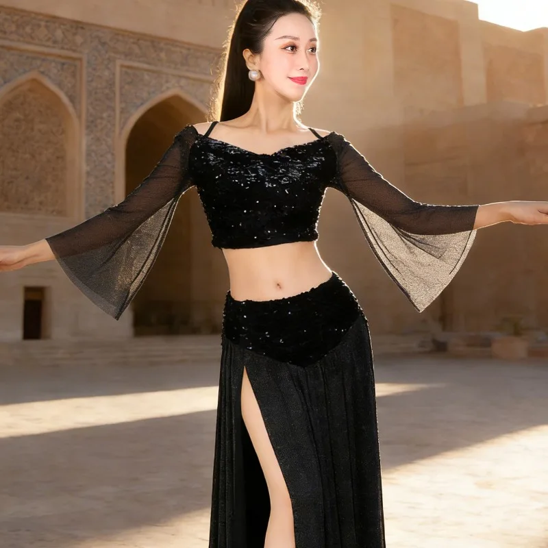 

Customized Belly Dance Costumes Practice Dress Eastern Performance Dress Set Black Long Sleeve Wzy272