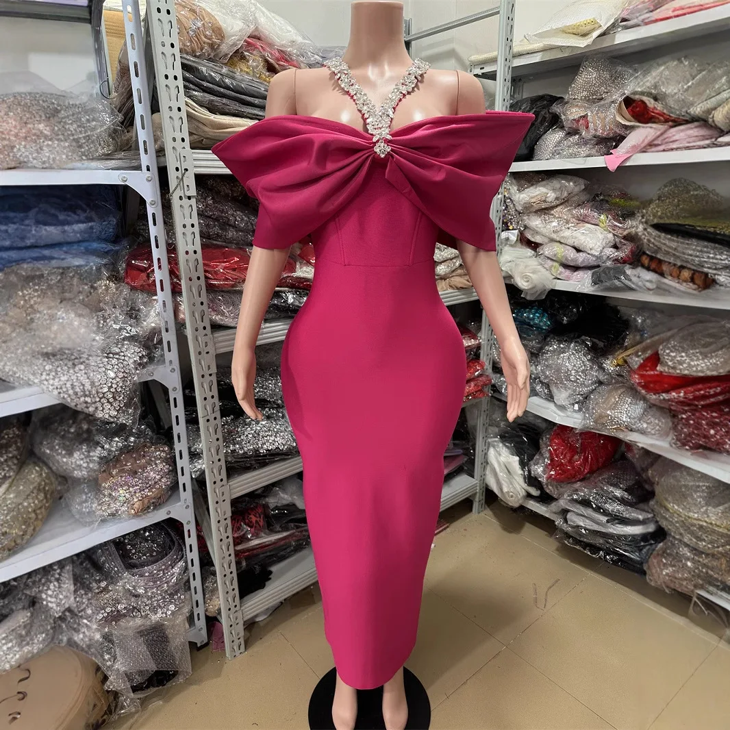 

Wholesale Women Evening Party Dress Luxury Crystal Halter Off Shoulder Ankle Length Elastic Bandage Dresses One Piece Celebrity