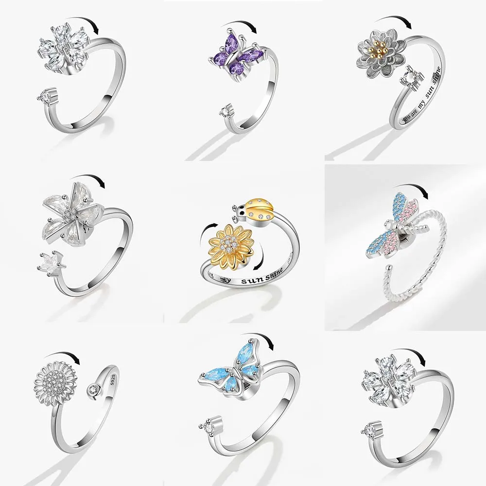 Nuevo anillo giratorio de copo de nieve para mujer, anillo ajustable con flor de circón para aliviar la ansiedad, regalo de joyería giratorio elegante para aliviar el estrés