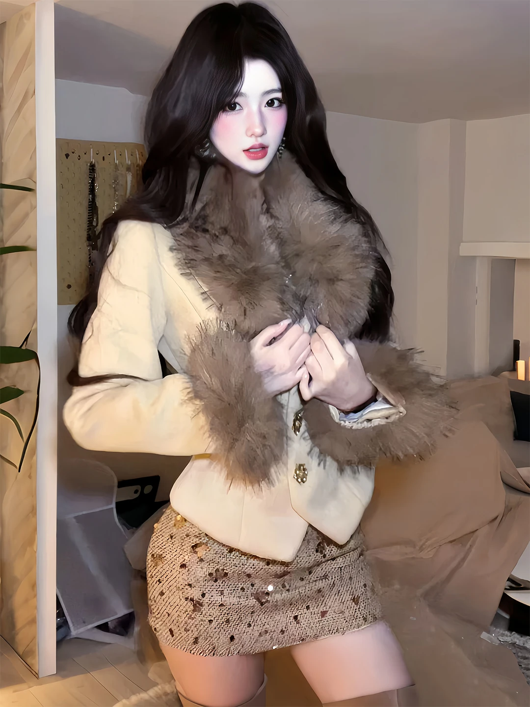 

Современный комплект для молодых женщин: шерстяное пальто с большим меховым воротником в винтажном стиле и юбка с пайетками, новый модный образ.