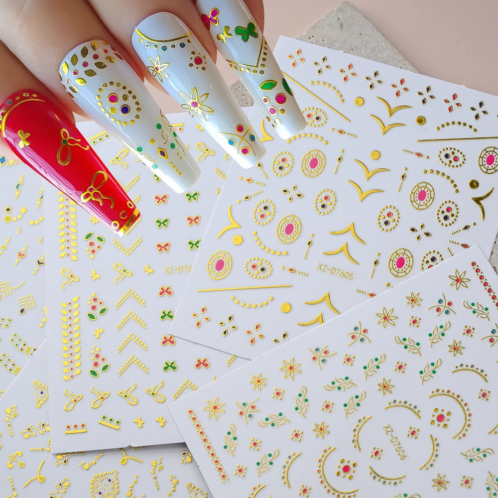 

1Pcs 3D Holographic Gold Star Flower Lines Nail Sticker Bronzing Love Bohemian Flowers Nail Sliders Y2k Shiny Manicure Decal Dec