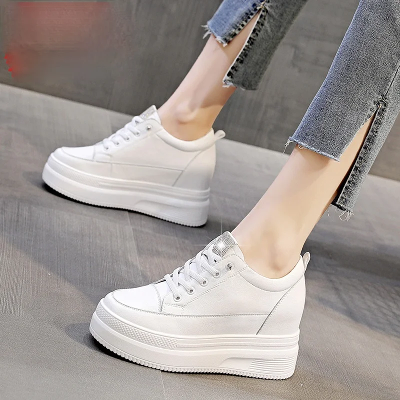 Fujin Women Shoes Chunky Sneakers Air Mesh Hollow Out Genuine Leather White Wedge Shoes Platform Heel Pumps Mujer Bombas