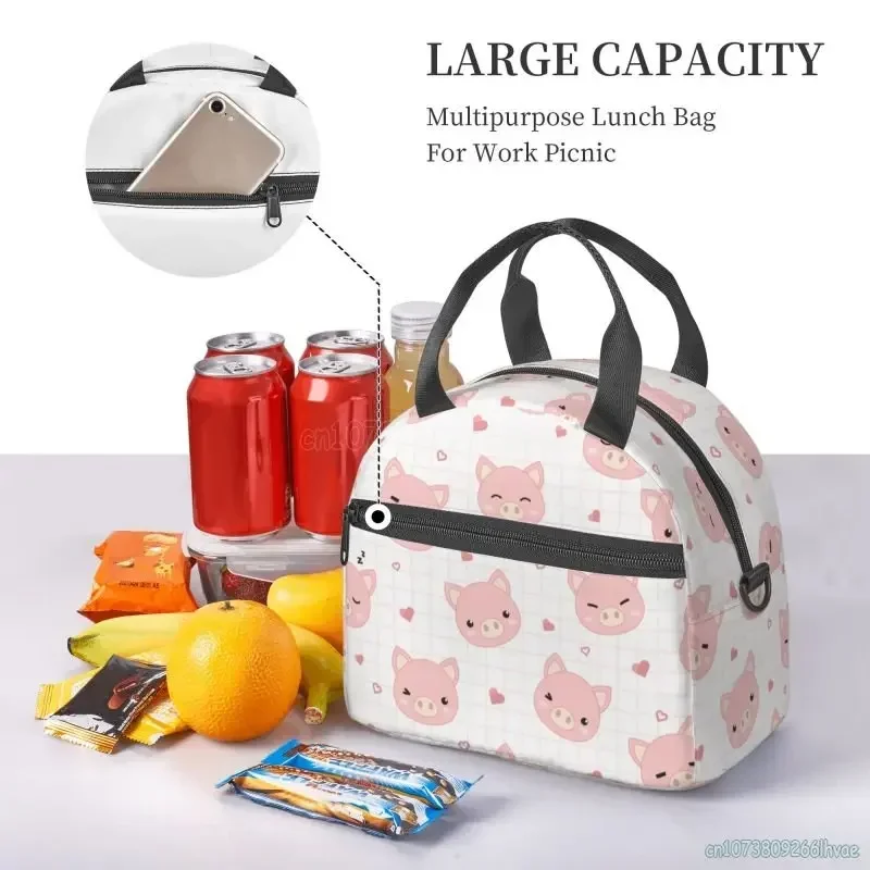 Cute Pigs with Grid and Heart Insulated Lunch Box Portable Canvas Lunch Bag Thermal Cooler Bento Bags for Women Kids Work School