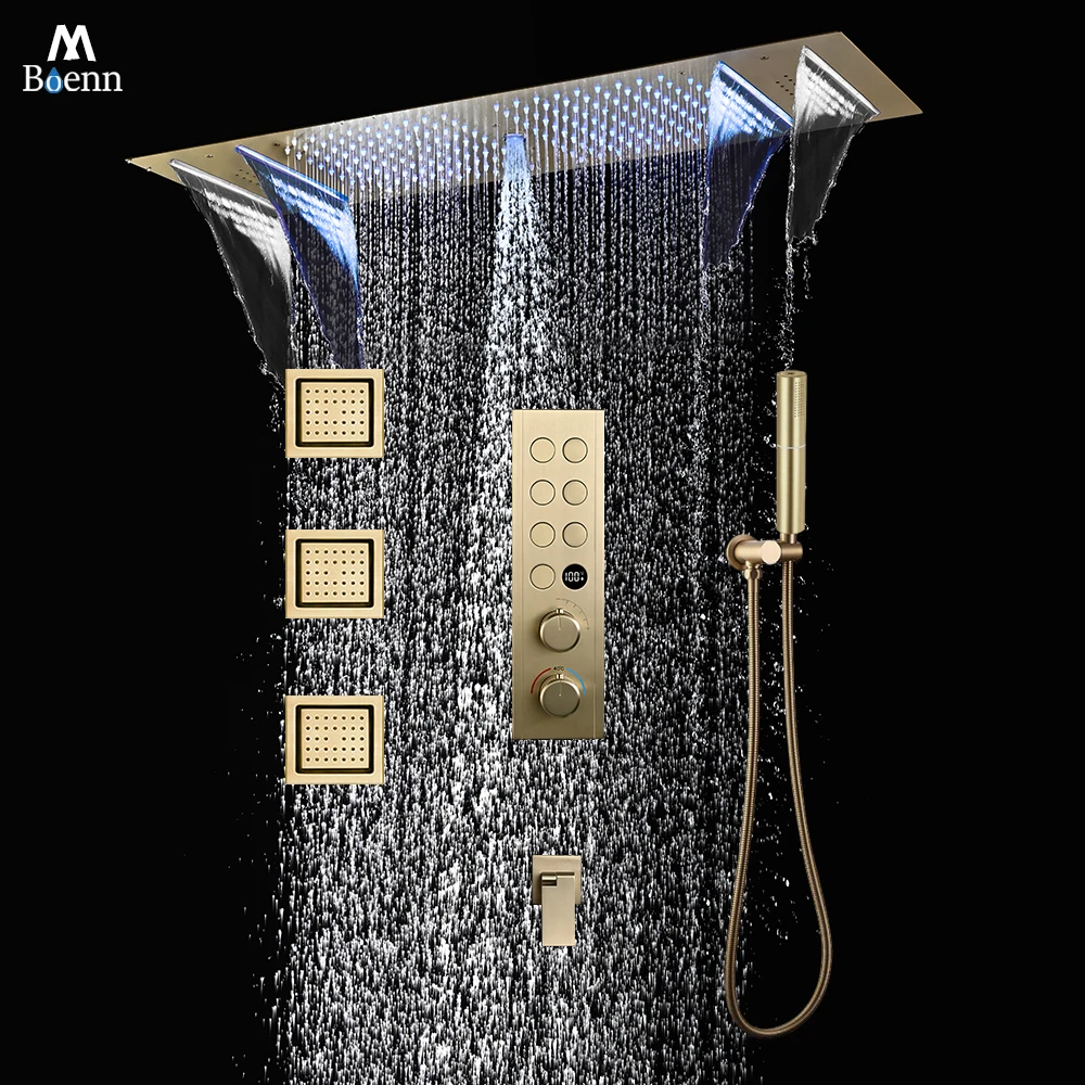 M Boenn Couple 7 Functions Shower Set System Bathroom Faucets Ceiling Embedded LED Music Shower Head Smart Thermostatic Diverter