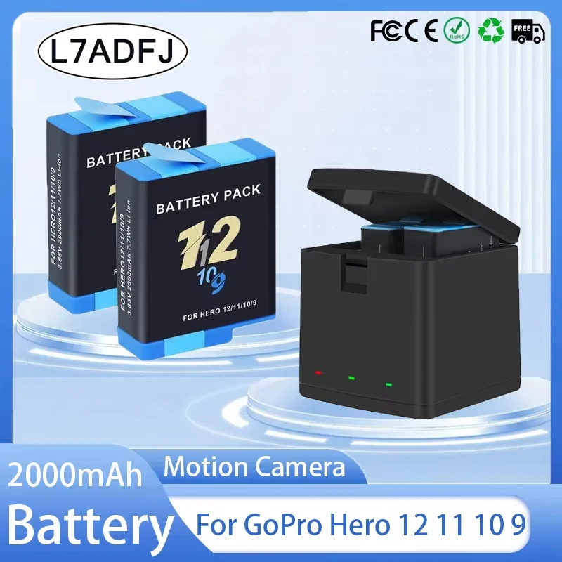 Batería para cámara GoPro Hero 12, 11, 10, 9, batería de 2000mAh, caja de carga rápida para GoPro Hero, accesorios de batería recargable