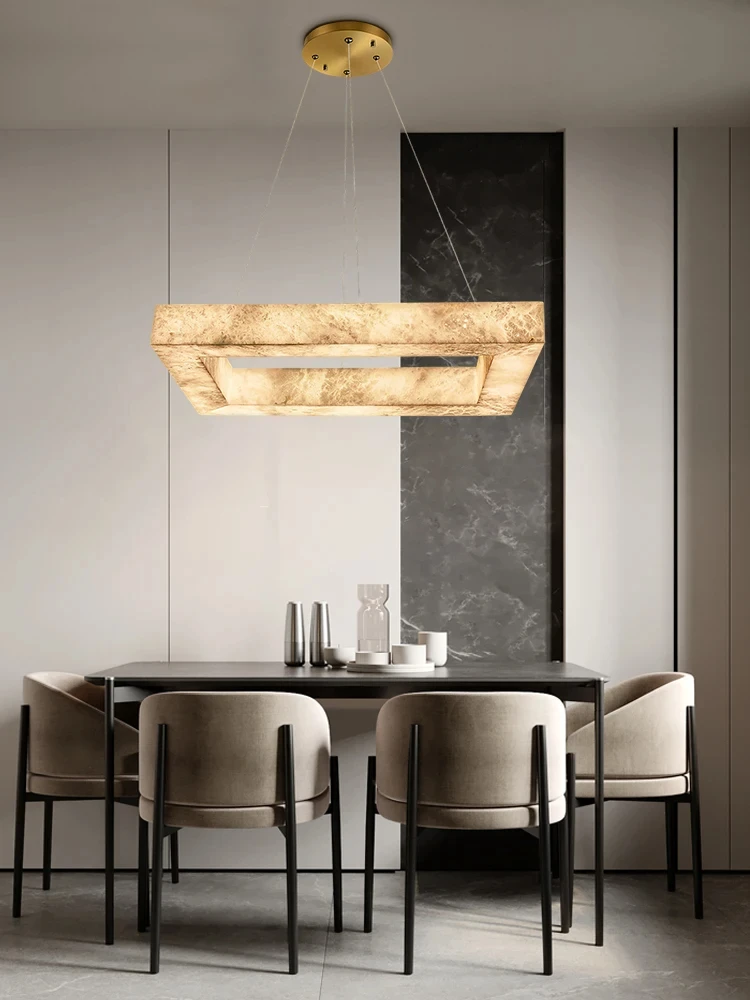 CX129EW Natural Marble Square LED Chandelier Lighting Hanging Lamp Alabaster Lustre Suspension Luminaire Lampen For Dinning Room