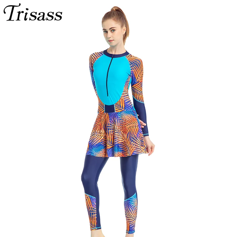 Trisass 2022 New Women Plus Size One Piece Skirt Swimsuit Sport Swimwear Long Sleeve Bodysuit Long Pants Surf Suit with Zipper