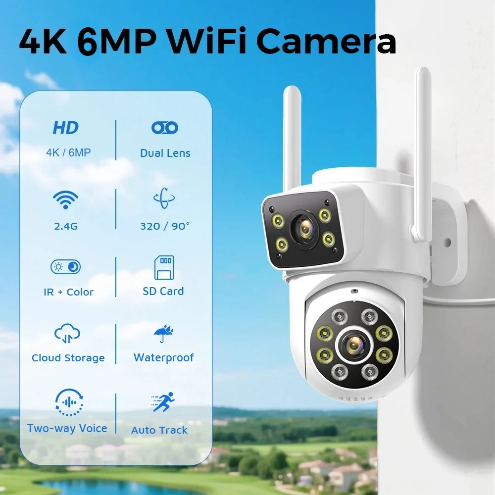 4K 6MP Wifi Security Camera PTZ Outdoor Dual Screen Human Detection Dual Lens Webcam Night Vision Waterproof CCTV IP Camera 360