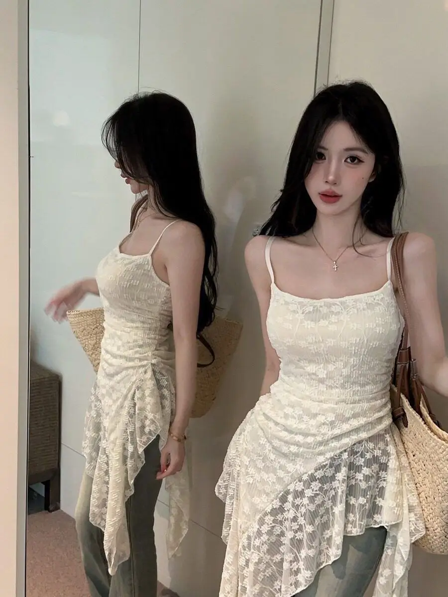 Pure Desire Lace Fish Tail Top Women's Summer New Style Mid-Length Layering Sexy Strap Vest Korean Casual U-Neck Polyester