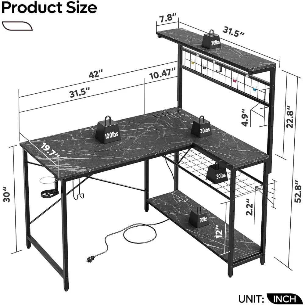 Gaming Desk with Power Outlets,42 Computer Desk with LED Lights, Reversible Corner Desk with 4-Tier Shelves,Cup Holder