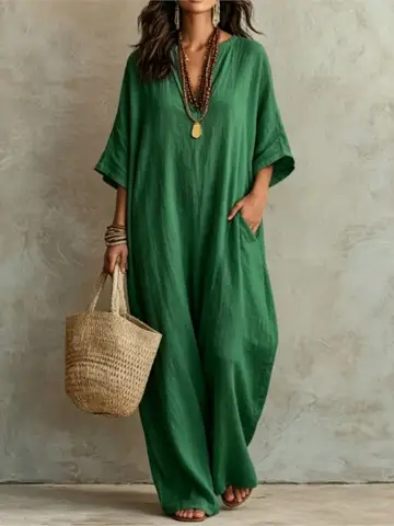 Women's Casual Solid Long Dress With Pockets New Fashion V-neck Loose Seven Quarter Sleeve Dresses Ladies Simple Style Vestidos