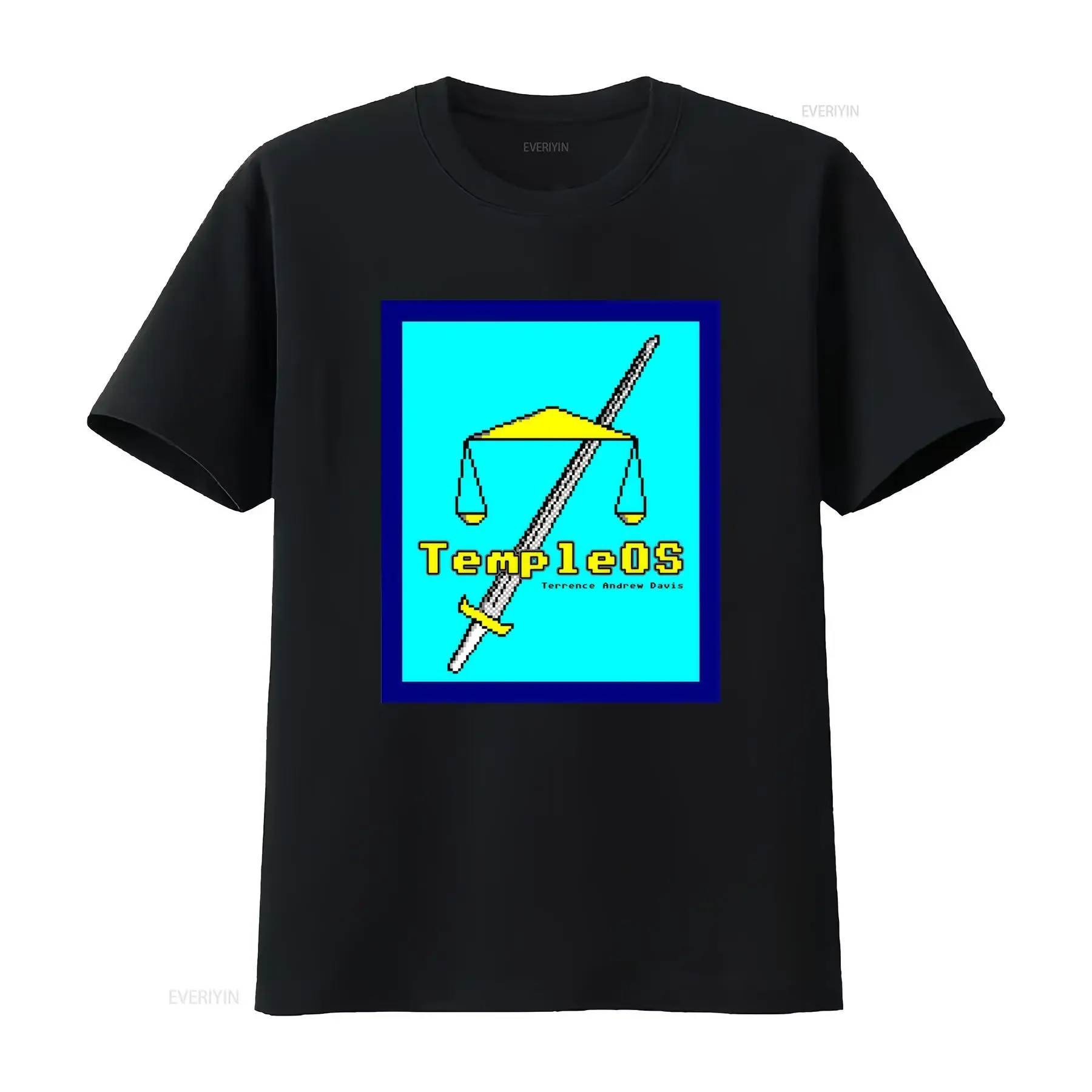 Temple OS Terry A Davis Front Print T Shirt Retro Style with Sword and Scale Design vintage Washed graphic designer clothes