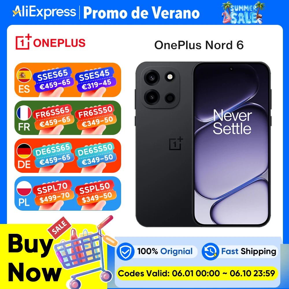 Nouveau smartphone 2026 OnePlus Nord 6 5G 8GB+256GB 12GB+512GB Snapdragon 8s Gen 4 165Hz 7500mAh IP69/IP69K Version Globale