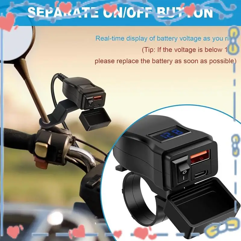 

Motorcycle USB Charger With Voltmeter USB-A+Type-C Motorcycle Charger Motorcycle Phones Fast Charger