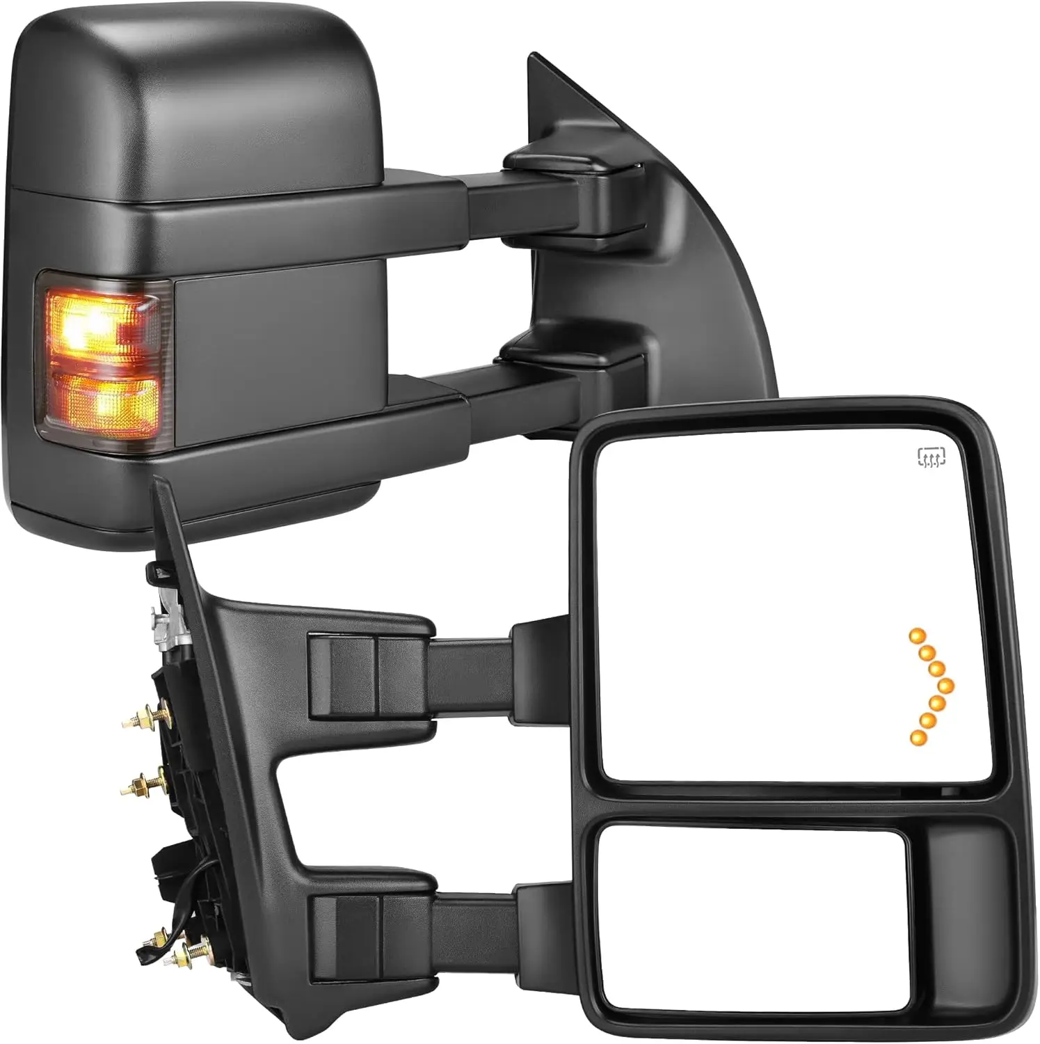 For Ford F-Series 1999-2007 and Excursion 2001-2005, Polycarbonate Mirror, Smoke, LED Arrow Signal, Power Heated, Telescoping