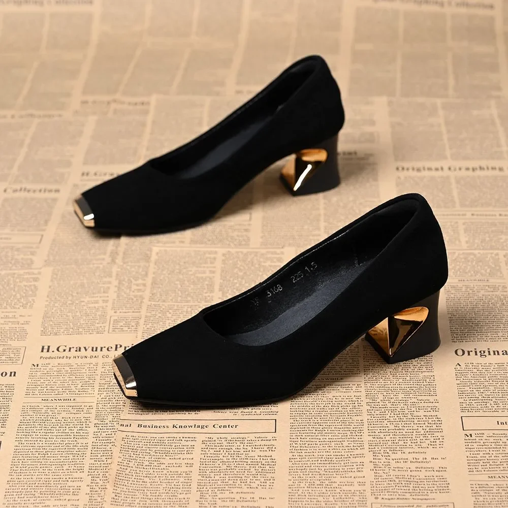 zapatos de mujer women fashion black suede round toe comfort spring & summer square heel shoes for office work lady pumps a535