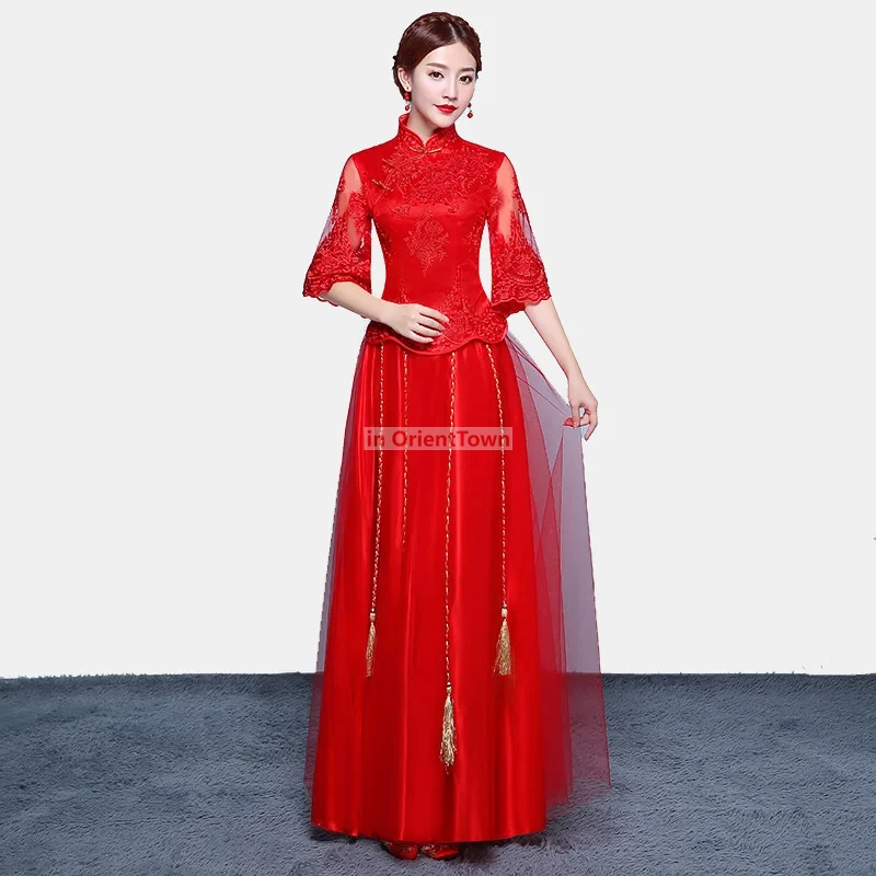 Dame Rot Qipao Traditionelle Chinesische Kleidung Orientalisches Hochzeitskleid alte Vestidos Asiatische Braut Ehe Cheongsam Anzug