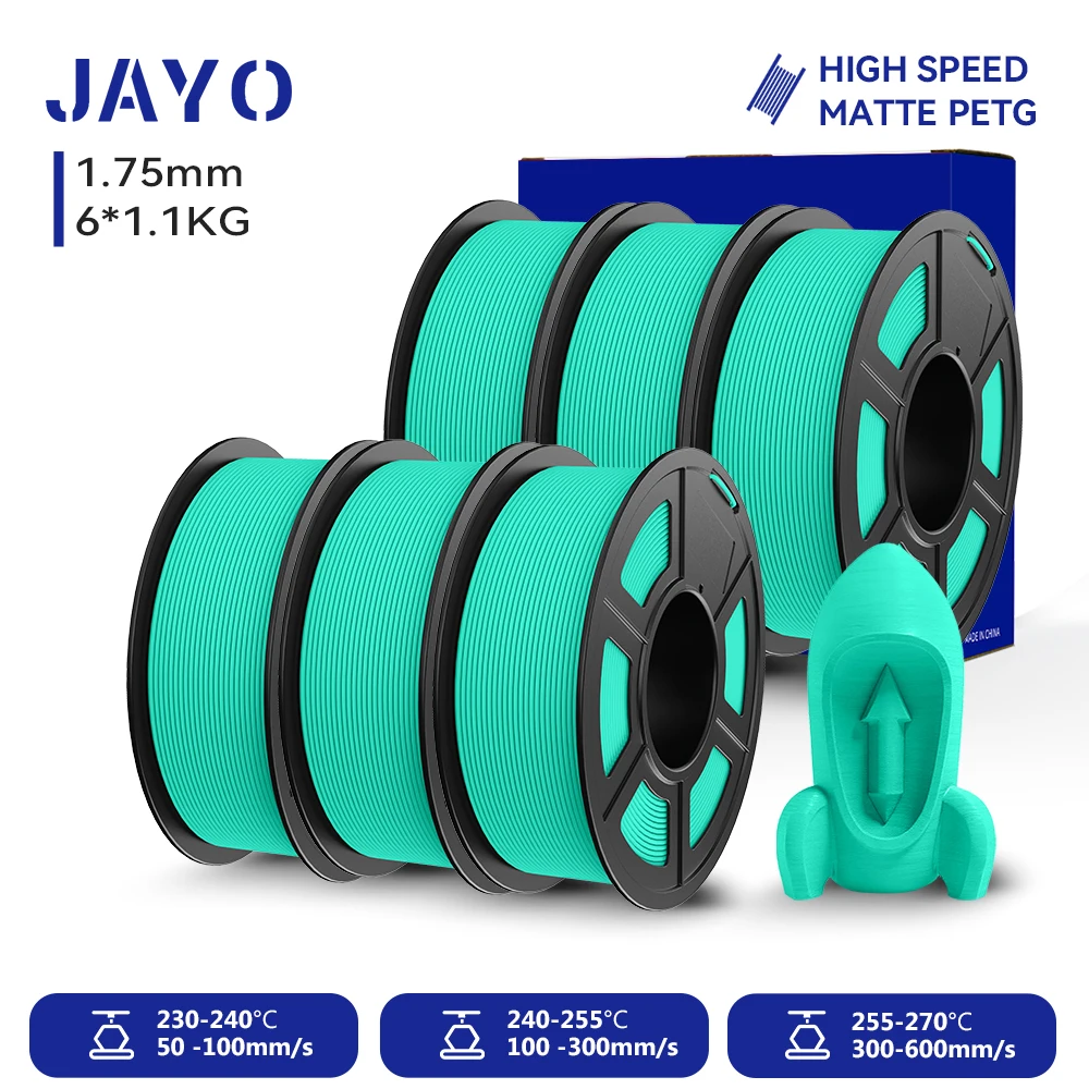 JAYO PETG 3D-Filament 1,75MM Hochgeschwindigkeits-Mattes PETG 3D-Drucker-Filament 6 Rollen High-Flow Speedy Matte Effekt 3D-Druckmaterialien
