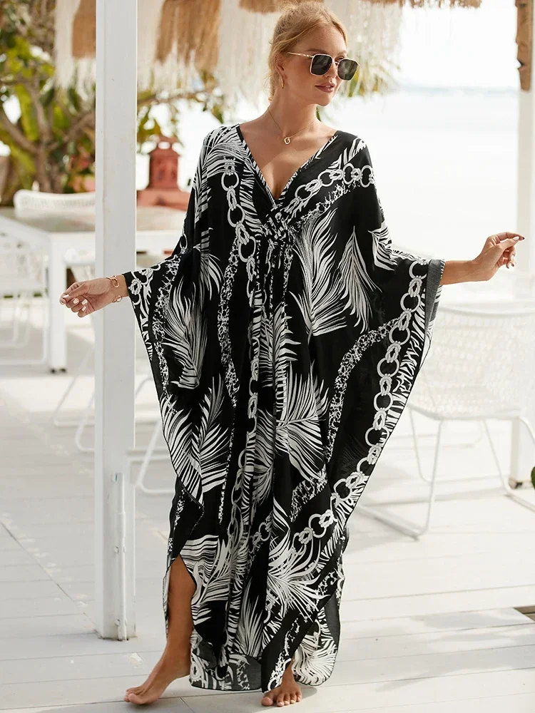 

Cover Up 2024 Boho Dress V Neck Long Kaftan Dress For Women Beach Cover-up Sexy Loose Summer Maxi Dress Robe BeachwearTunic